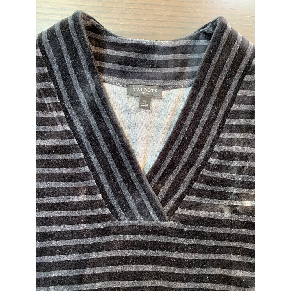 Talbots Top Women's Petites Small SP Soft Cozy  Black Stripe V Neck Velour Hygge - Picture 5 of 14
